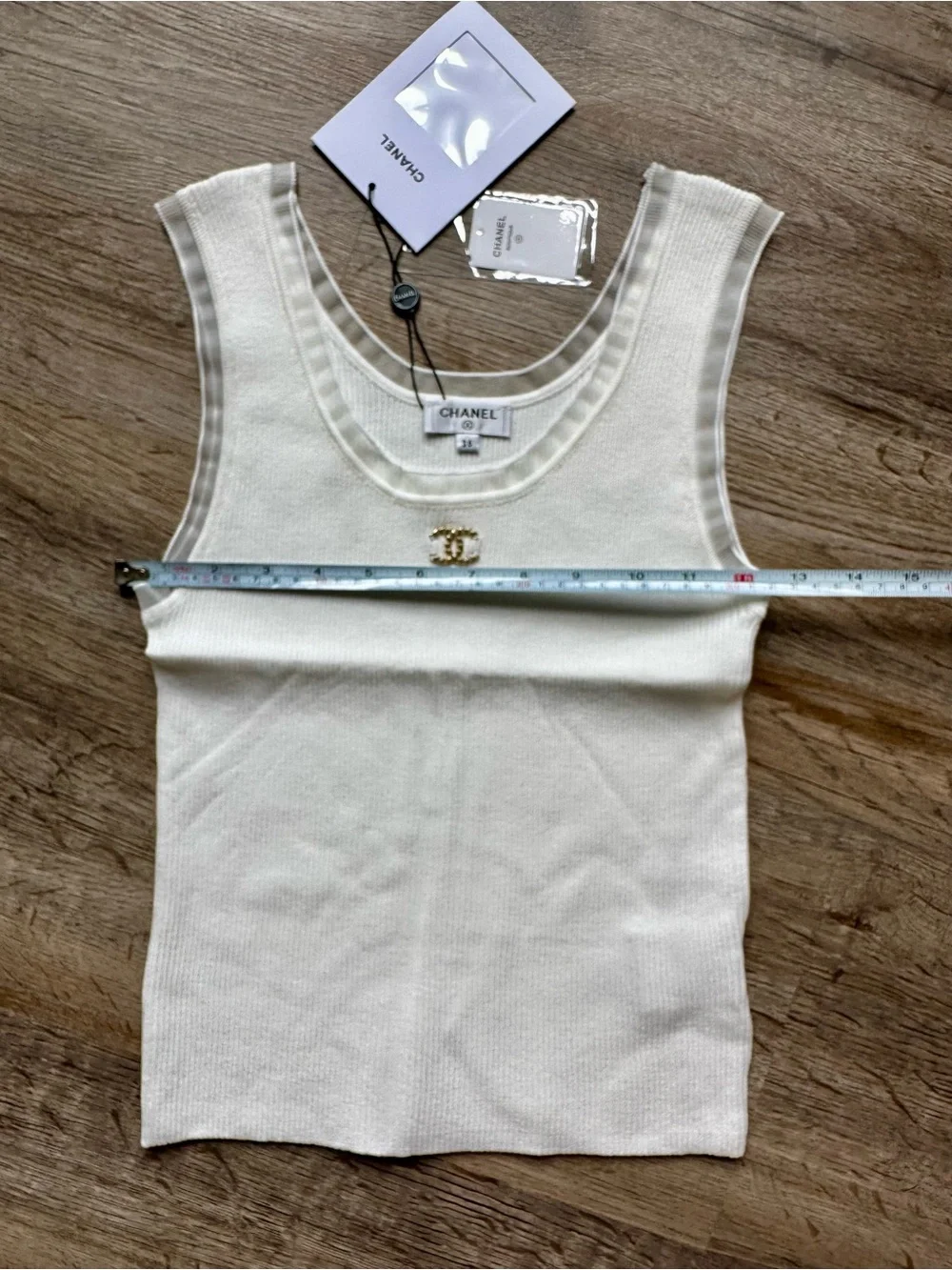 CHANEL Ivory Knit Tank Top with Gold CC Emblem
